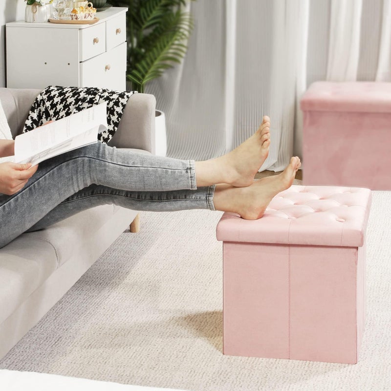 B FSOBEIIALEO Storage Ottoman Cube, Velvet Tufted Folding Ottomans with Lid, Footstool Rest Padded Seat for Bedroom (Pink, Medium) - Image 4